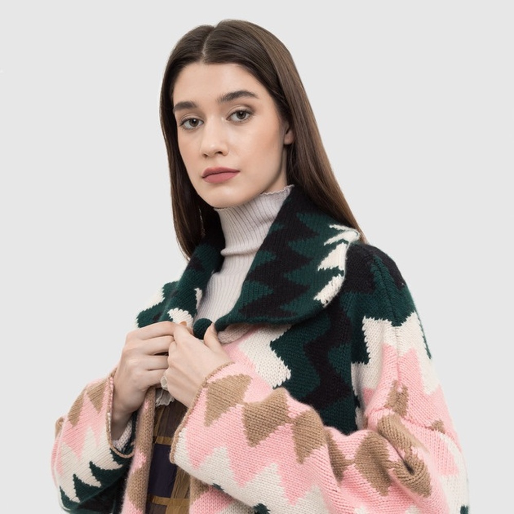 KHAITIE Fiona Multicolor Intarsia Zig Zag Long Cardi